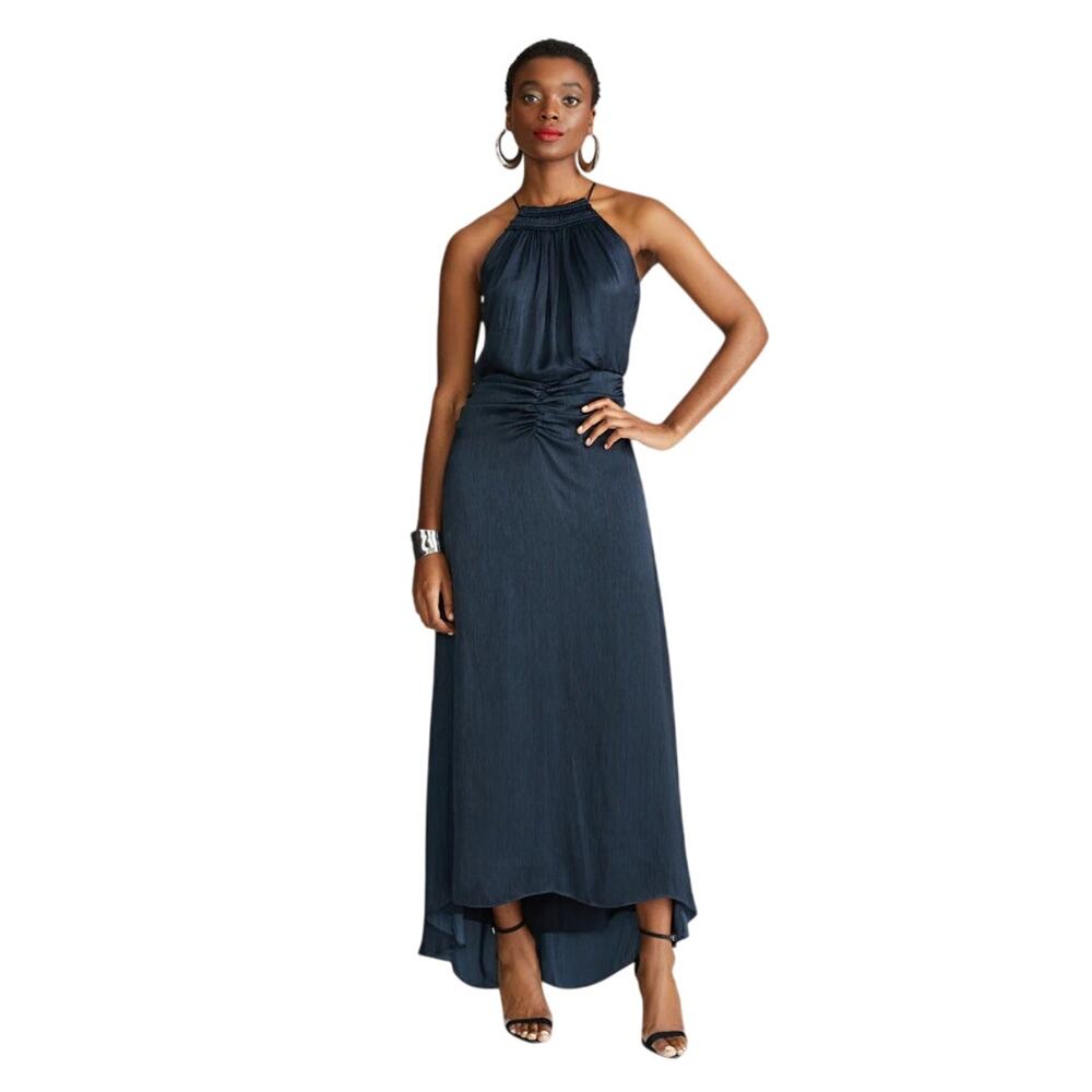 Halston Women Navy Satin Asymmetrical Halter Evening Gown Dress Size US 14